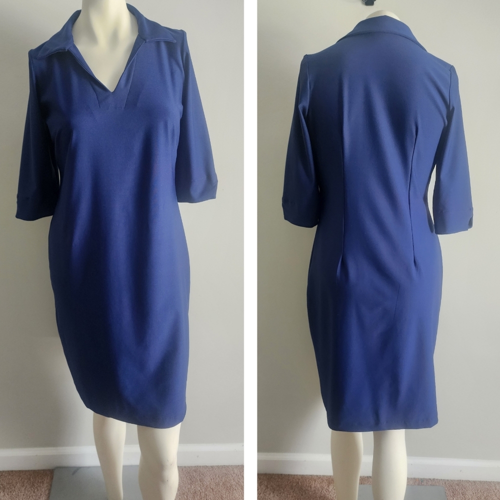 Katherine Way USA navy‎ blue collared shift dress womens S UPF 50 preppy golf